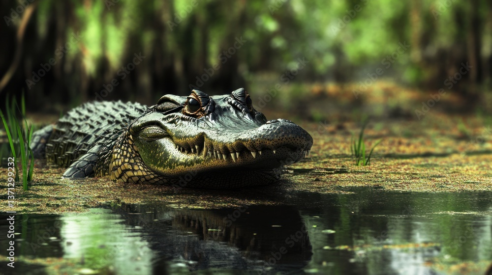 Fototapeta premium Alligator in swampy wetland, with vegetation and reflection.