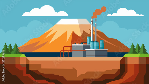 A geothermal power plant is built into the side of a dormant volcano taking advantage of the immense energy potential lying beneath the surface.. Vector illustration