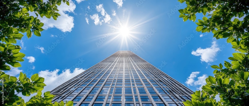 Fototapeta premium Skyscraper reaching towards the bright sun, framed by green leaves against a blue sky with clouds