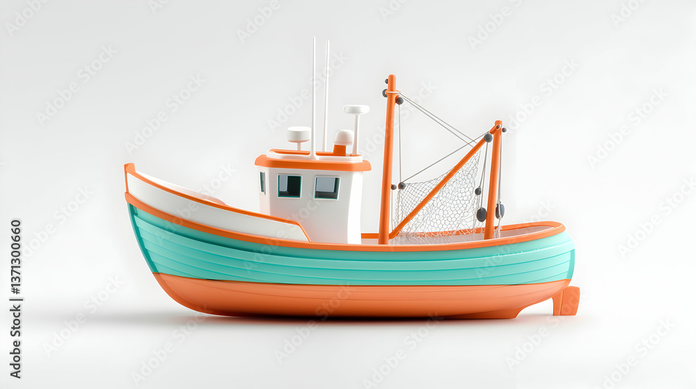 Teal and Orange Toy Fishing Boat on White Background Teal and Orange Toy Fishing Boat on White Background