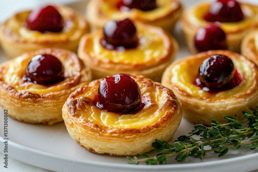 Small, golden-brown pastries topped with cherries Small, golden-brown pastries topped with cherries