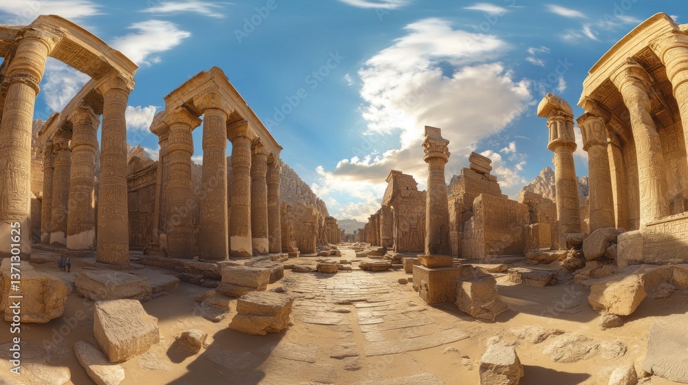 Fototapeta premium Ancient Egyptian temple ruins, pathway between massive columns, sunlit, 360-degree view.