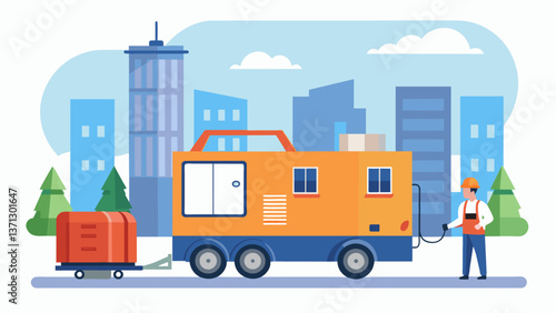 A generator rental company delivers a portable gas generator to a construction site providing temporary power during the building process.. Vector illustration