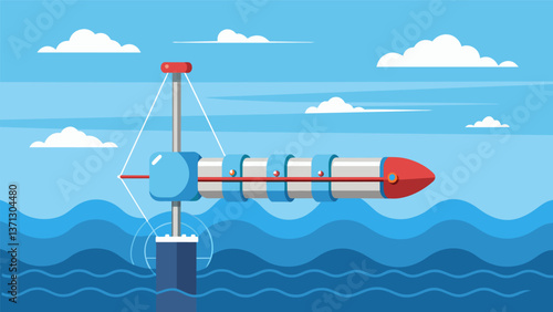 A long slike device ss along the oceans surface its segmented body reacting to the waves with the help of hydraulic motors converting the motion into. Vector illustration