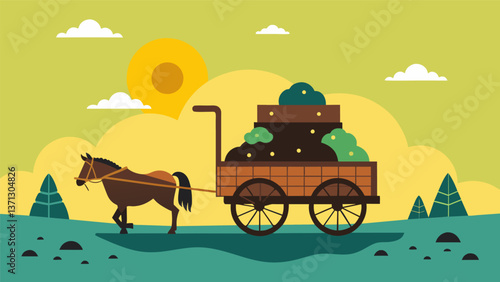 A horsedrawn cart piled high with freshly peat slowly makes its way back to the village signaling the end of another days labor.. Vector illustration