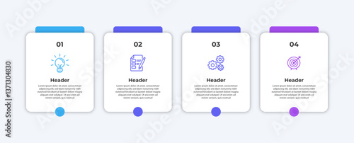 Four steps with icons for ideas planning process and results.