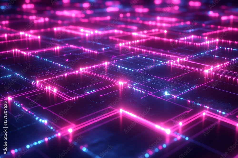 Fototapeta premium Neon circuits intertwining in a complex grid, glowing against a dark background