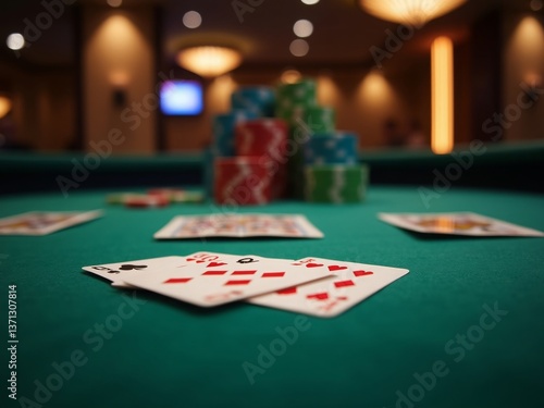 A dimly lit casino poker table with playing cards and stacked poker chips, showcasing a gambling setup with no people present.