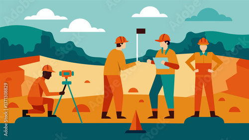 A group of geologists conduct a seismic survey sending vibrations into the ground and analyzing the resulting data to map out the underground. Vector illustration