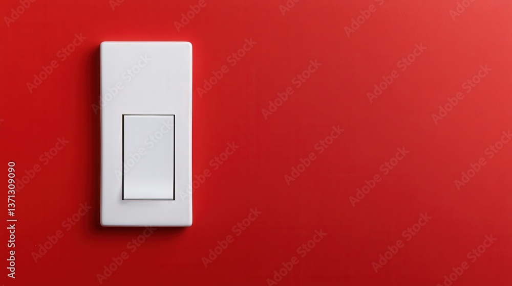 A minimalist white light switch on a vibrant red wall, creating a striking contrast in design. A minimalist white light switch on a vibrant red wall, creating a striking contrast in design.