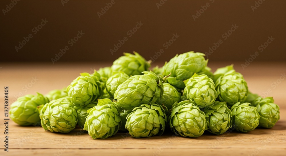Obraz premium fresh green hops arranged artistically on a wooden surface, evoking a sense of natural beauty and freshness, typically used in brewing beer, set against a warm, neutral brown background