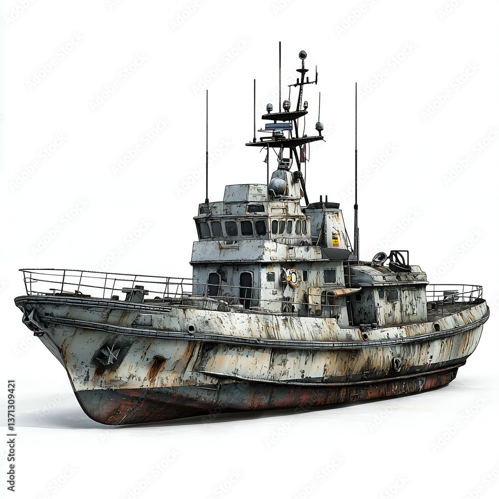 Fototapeta premium Rusty Tugboat Assisting Ship at Coastal Port: Nautical Industrial Freight Transport