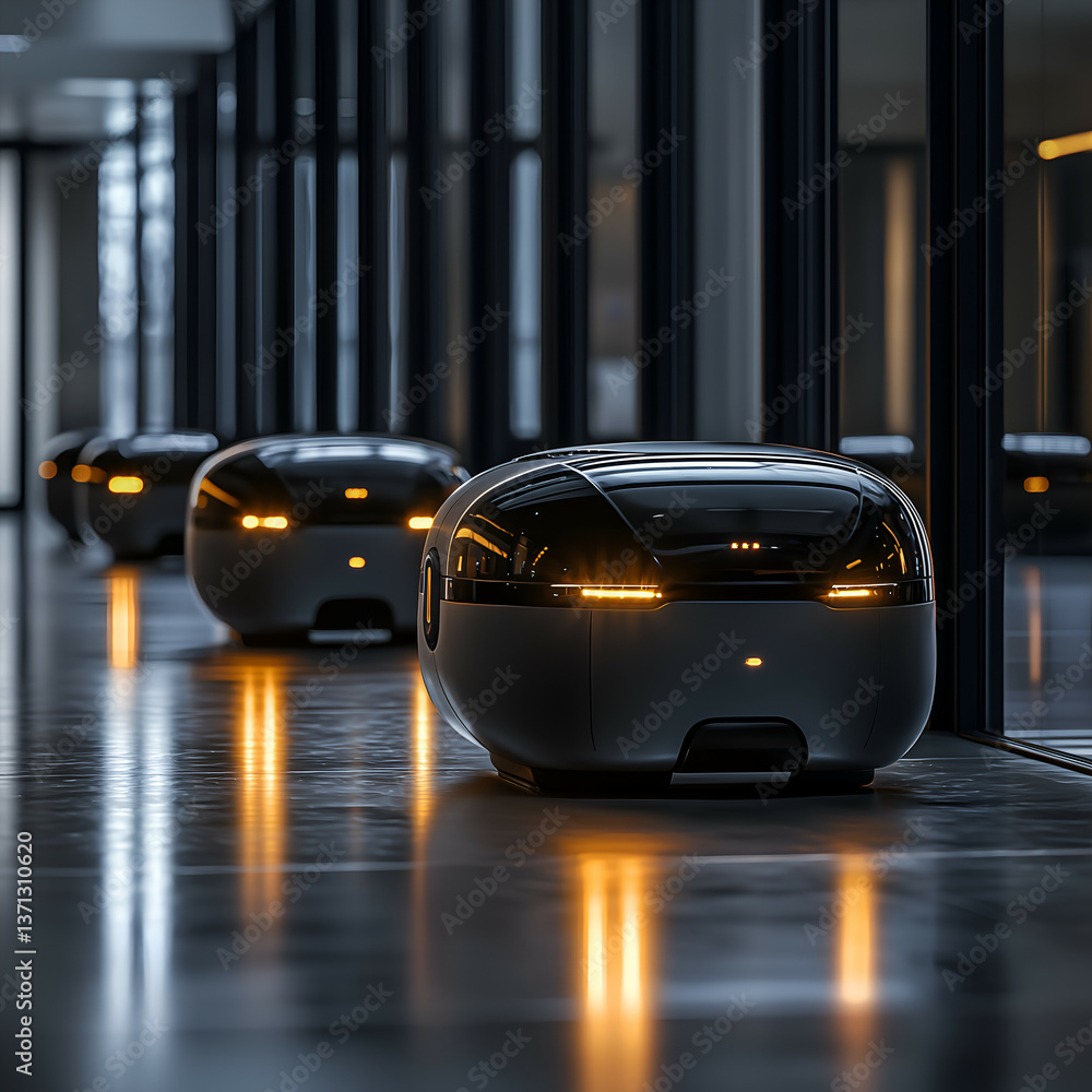 Fototapeta premium Futuristic Automation: State-of-the-Art Indoor Delivery Robot in Modern Urban Setting with AI Technology and Smart City Solutions