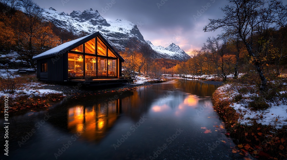 Fototapeta premium Cozy Cabin with Autumn Mountains, and Sunset.