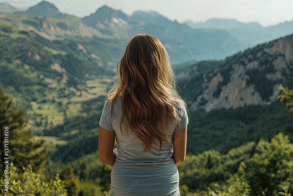 A woman stands overlooking a vast mountain range from a vantage point A woman stands overlooking a vast mountain range from a vantage point