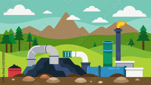 A landfill in the countryside with several pipes sticking out of the ground indicating the presence of a ane capture system.. Vector illustration