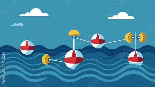 A horizontal chain of interconnected buoys bobbing in the ocean with the waves drives a turbine system underneath the surface producing electricity. Vector illustration