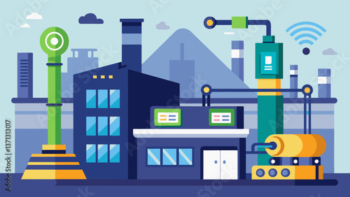 A manufacturing facility with advanced motion sensors that automatically turn off equipment when not in use resulting in significant energy savings.. Vector illustration