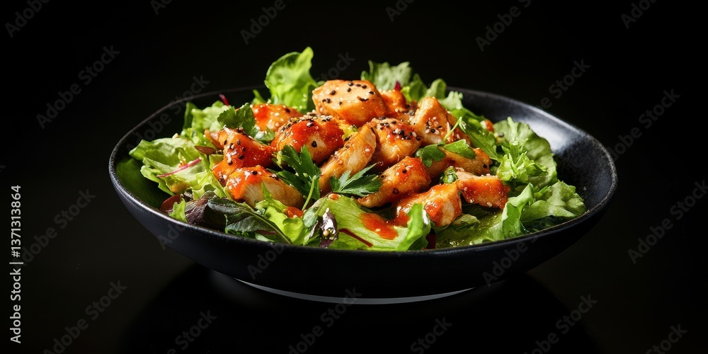 Fresh salad with grilled chicken and spicy dressing served in a black bowl Fresh salad with grilled chicken and spicy dressing served in a black bowl