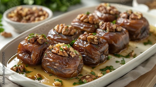 Iranian ranginak stuffed dates walnuts and flour coating arranged in rows on white dish