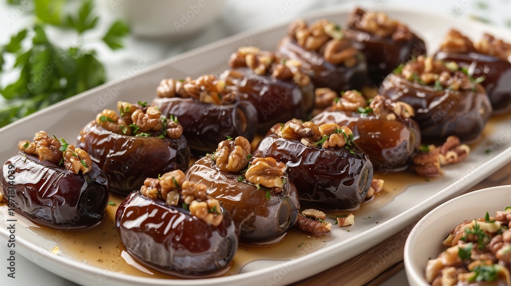 Iranian ranginak stuffed dates walnuts and flour coating arranged in rows on white dish Iranian ranginak stuffed dates walnuts and flour coating arranged in rows on white dish
