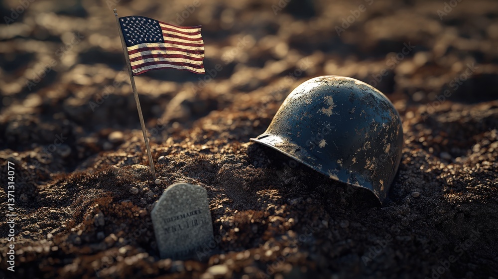 Fototapeta premium A solemn memorial scene depicts a soldiers burial site