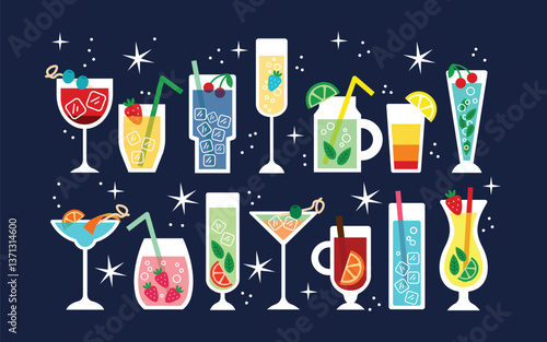 Cartoon stickers of colorful cocktails and refreshing drinks. Doodle elements of tropical beverages, fruit garnishes, ice cubes, and party vibes. Vector trendy illustration for summer, bar menu