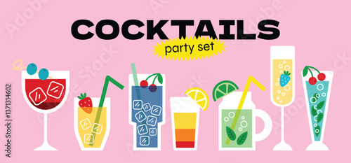 Cartoon stickers of colorful cocktails and refreshing drinks. Doodle elements of tropical beverages, fruit garnishes, ice cubes, and party vibes. Vector trendy illustration for summer, bar menu