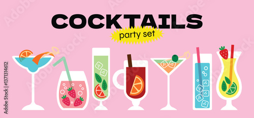 Cartoon stickers of colorful cocktails and refreshing drinks. Doodle elements of tropical beverages, fruit garnishes, ice cubes, and party vibes. Vector trendy illustration for summer, bar menu