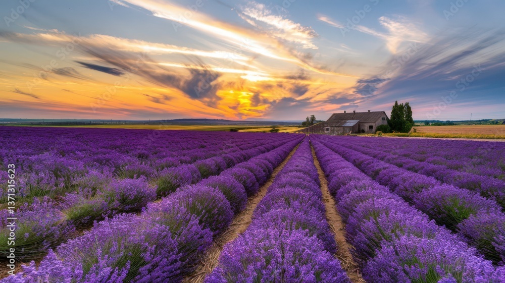 Obraz premium Scenic lavender field at sunset with vibrant purple flowers, a rustic farmhouse, and dramatic sky in the background