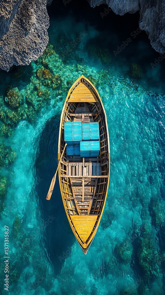 Boat in Turquoise Cave Water Boat in Turquoise Cave Water