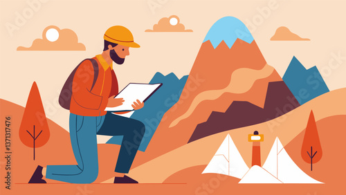 A geologist takes notes and draws sketches while exploring a mountain range looking for telltale signs such as fault lines and salt domes that may. Vector illustration
