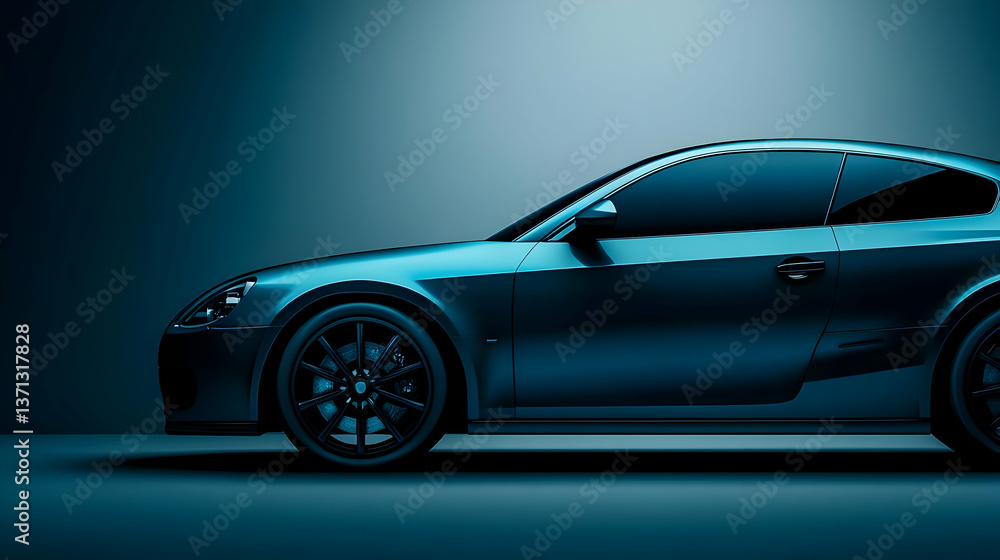 Obraz premium 3D Rendered Blue Car Side View on Dark Background Illustrative Photo