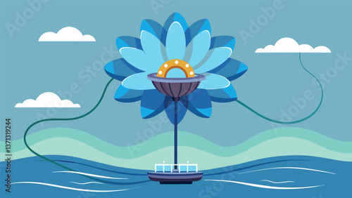 A floating device resembling a giant flower with its petals stretched out captures the energy of the waves with its flexible motionreactive petals. Vector illustration