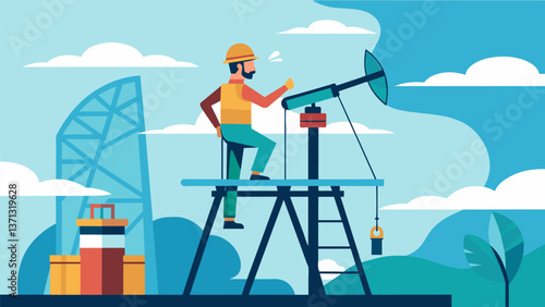 A lone worker perched high above monitoring the pump and ensuring smooth operation.. Vector illustration