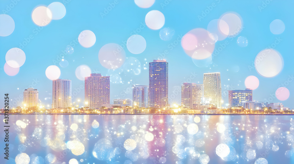 Abstract Cityscape Skyline With Bokeh Effect In Blue And Golden Lights Photo Abstract Cityscape Skyline With Bokeh Effect In Blue And Golden Lights Photo