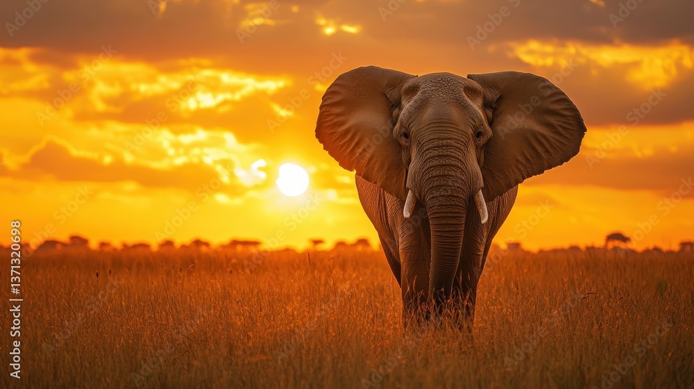 Obraz premium Majestic Elephant Stalking Across a Grassy Field During Sunset