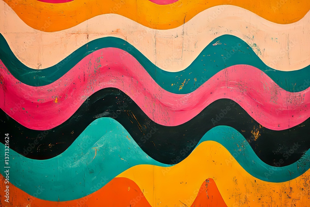 Colorful wavy painted pattern displayed across a textured surface