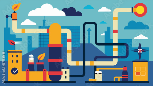 A maze of pipes and turbines converting the chemical energy of coal into the electrical energy we rely on.. Vector illustration