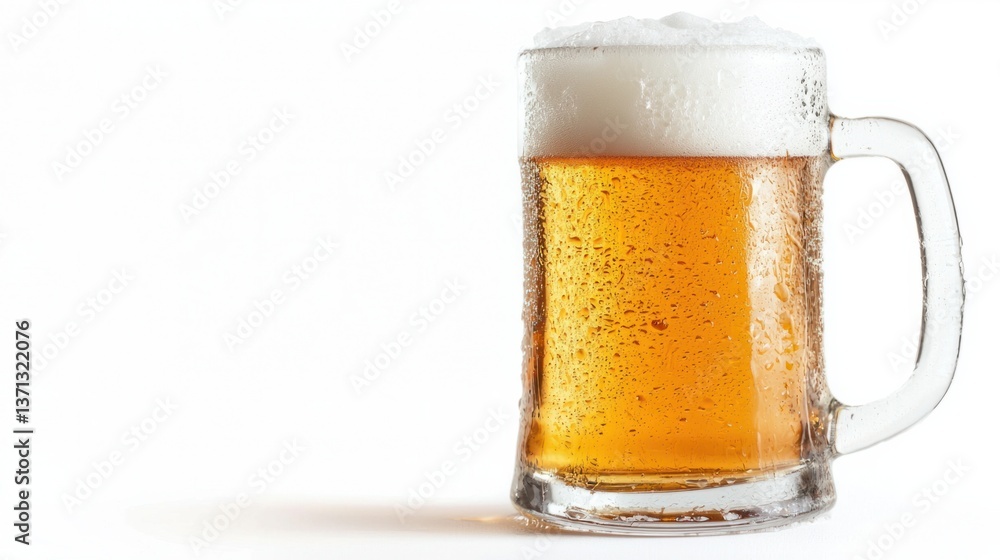 Refreshing Glass of Beer with Foam and Condensation on White Background Refreshing Glass of Beer with Foam and Condensation on White Background
