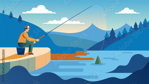 A lone fisherman casts his line into the calm reservoir unaware that the still waters were created by the dams construction.. Vector illustration