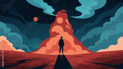A lone figure standing in front of the billowing smoke gazing up at the massive structure with a mix of awe and concern.. Vector illustration