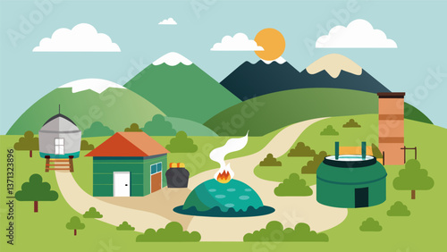 A communityowned biogas plant situated in a remote mountain village allowing residents to reduce their reliance on firewood and charcoal.. Vector illustration