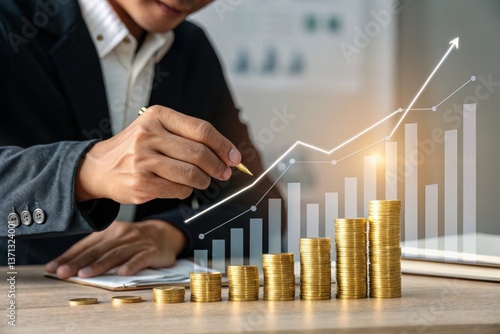 Businessman Drawing Growing Graph with Stacks of Gold Coins, Financial Success Concept