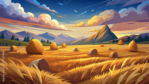 A serene landscape where haystacks rest on a golden wheat field under a dramatic autumn sky