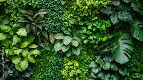 Natural green herb wall with lush plants