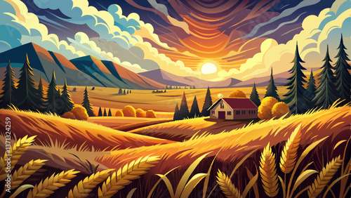 A captivating rural autumn scene where golden wheat glows under a cloudy sky at sunset