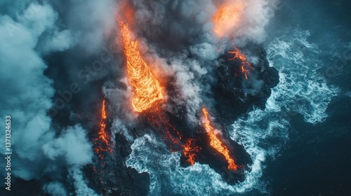 Wallpaper Mural Aerial View of Flowing Lava Reaching the Ocean Creating Dramatic Smoke Torontodigital.ca