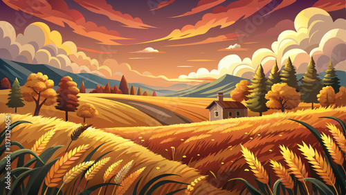 A captivating rural autumn scene where golden wheat glows under a cloudy sky at sunset