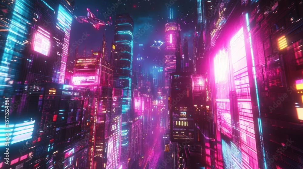 Fototapeta premium Exploring Cyberpunk Cityscape at Night with Neon Glow and Flying Vehicles